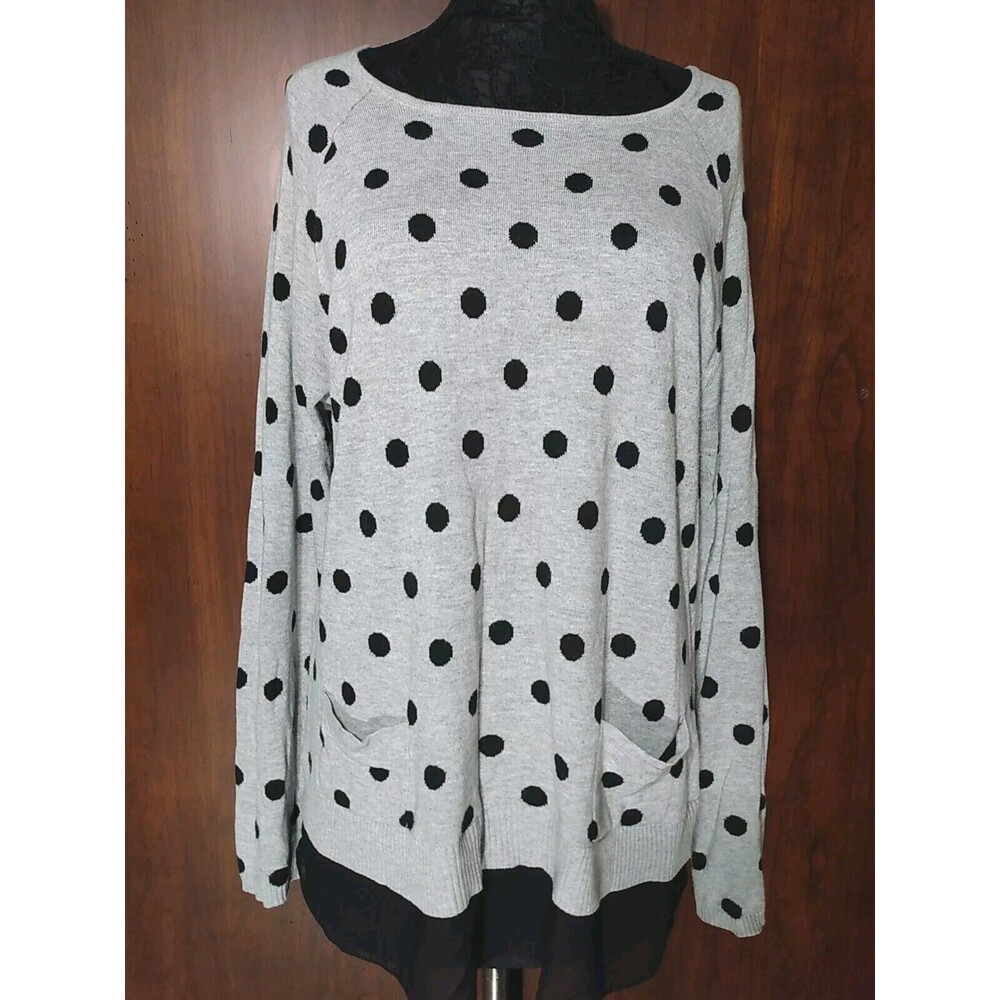 Allie & Rob Grey Black Polka Dot Pockets Sheer Hem Button‎ Design Sweater Size L